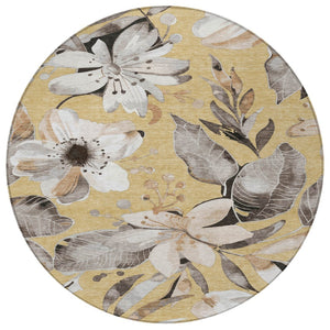 HomeRoots 8' Round Floral Area Rug in Gold, Ivory & Charcoal - Durable, Washable for Indoor & Outdoor Spaces! 640830