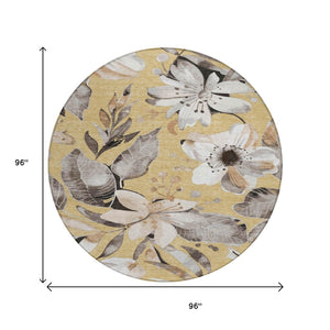 HomeRoots 8' Round Floral Area Rug in Gold, Ivory & Charcoal - Durable, Washable for Indoor & Outdoor Spaces! 640830