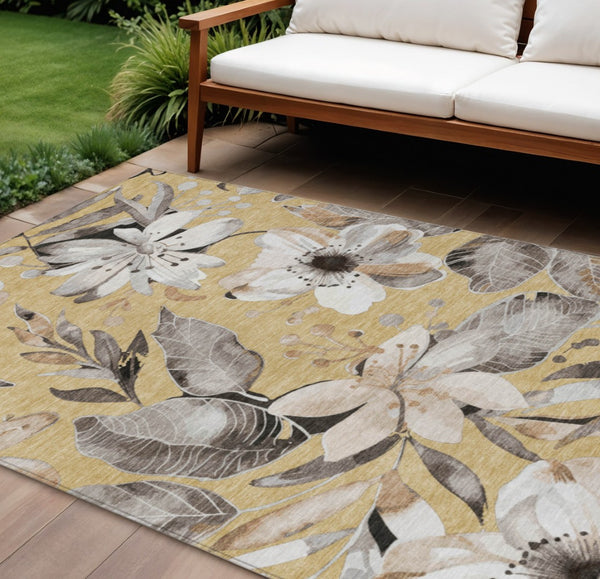 HomeRoots 8' X 10' Gold Ivory Charcoal Floral Area Rug - Durable, Washable, Stylish for Indoor & Outdoor Use 640831