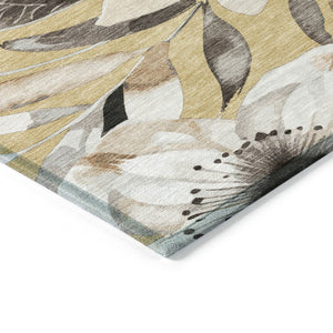 HomeRoots 10' Floral Area Rug - Gold, Ivory & Charcoal, Washable Indoor/Outdoor, Durable & Stain-Resistant Design 640833