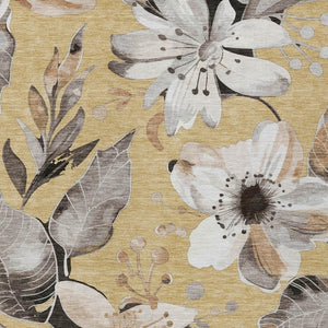 HomeRoots 10' Floral Area Rug - Gold, Ivory & Charcoal, Washable Indoor/Outdoor, Durable & Stain-Resistant Design 640833