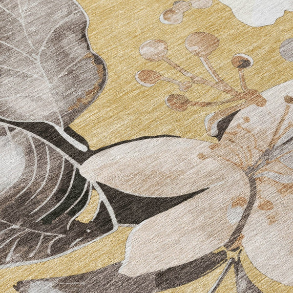 HomeRoots 10' Floral Area Rug - Gold, Ivory & Charcoal, Washable Indoor/Outdoor, Durable & Stain-Resistant Design 640833