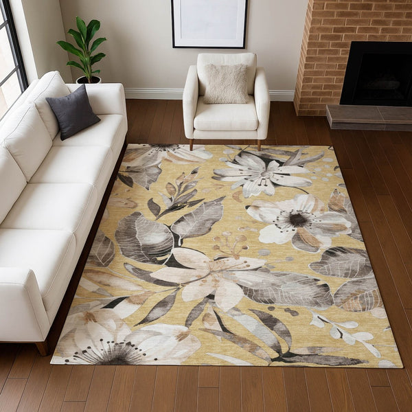 HomeRoots 10' Floral Area Rug - Gold, Ivory & Charcoal, Washable Indoor/Outdoor, Durable & Stain-Resistant Design 640833