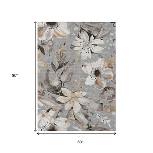 HomeRoots 5' X 8' Classic Floral Gray Ivory Charcoal Area Rug - Washable, Durable, Indoor/Outdoor Design 640835
