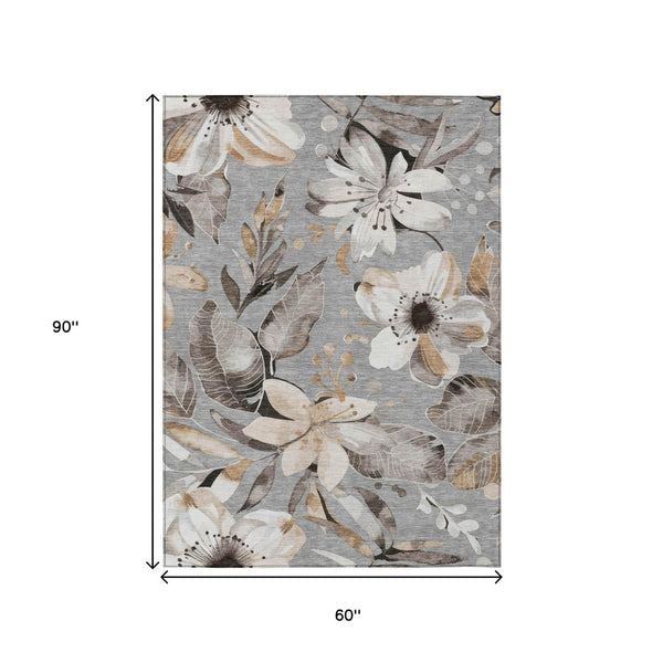 HomeRoots 5' X 8' Classic Floral Gray Ivory Charcoal Area Rug - Washable, Durable, Indoor/Outdoor Design 640835
