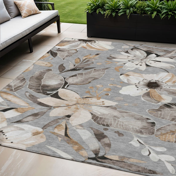 HomeRoots 5' X 8' Classic Floral Gray Ivory Charcoal Area Rug - Washable, Durable, Indoor/Outdoor Design 640835