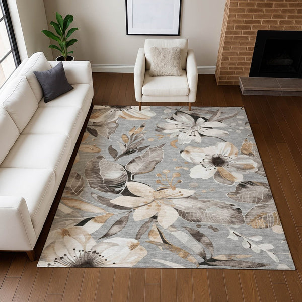 HomeRoots 5' X 8' Classic Floral Gray Ivory Charcoal Area Rug - Washable, Durable, Indoor/Outdoor Design 640835