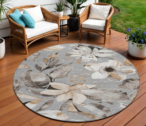 HomeRoots 8' Durable Gray Ivory Charcoal Round Floral Area Rug - Washable for Indoor & Outdoor Use, Stylish & Stain-Resistant 640836