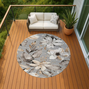 HomeRoots 8' Durable Gray Ivory Charcoal Round Floral Area Rug - Washable for Indoor & Outdoor Use, Stylish & Stain-Resistant 640836