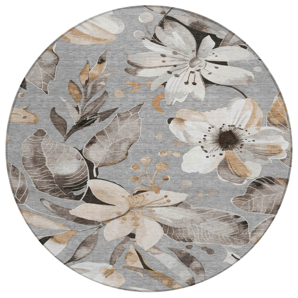 HomeRoots 8' Durable Gray Ivory Charcoal Round Floral Area Rug - Washable for Indoor & Outdoor Use, Stylish & Stain-Resistant 640836