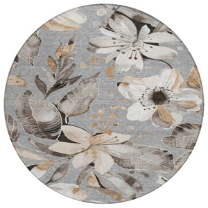 HomeRoots 8' Durable Gray Ivory Charcoal Round Floral Area Rug - Washable for Indoor & Outdoor Use, Stylish & Stain-Resistant 640836