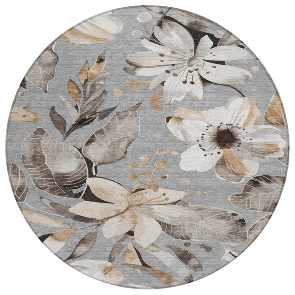 HomeRoots 8' Durable Gray Ivory Charcoal Round Floral Area Rug - Washable for Indoor & Outdoor Use, Stylish & Stain-Resistant 640836
