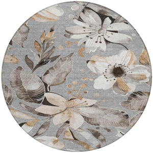 HomeRoots 8' Durable Gray Ivory Charcoal Round Floral Area Rug - Washable for Indoor & Outdoor Use, Stylish & Stain-Resistant 640836