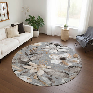 HomeRoots 8' Durable Gray Ivory Charcoal Round Floral Area Rug - Washable for Indoor & Outdoor Use, Stylish & Stain-Resistant 640836