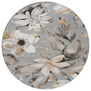 HomeRoots 8' Durable Gray Ivory Charcoal Round Floral Area Rug - Washable for Indoor & Outdoor Use, Stylish & Stain-Resistant 640836