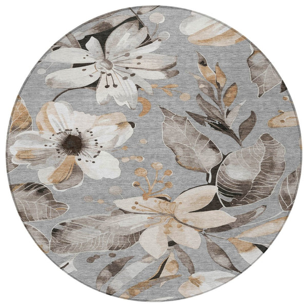 HomeRoots 8' Durable Gray Ivory Charcoal Round Floral Area Rug - Washable for Indoor & Outdoor Use, Stylish & Stain-Resistant 640836