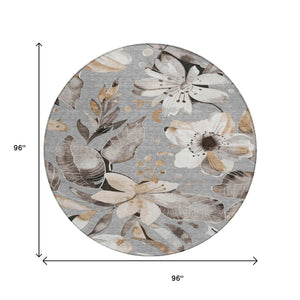 HomeRoots 8' Durable Gray Ivory Charcoal Round Floral Area Rug - Washable for Indoor & Outdoor Use, Stylish & Stain-Resistant 640836