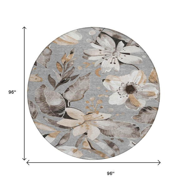HomeRoots 8' Durable Gray Ivory Charcoal Round Floral Area Rug - Washable for Indoor & Outdoor Use, Stylish & Stain-Resistant 640836