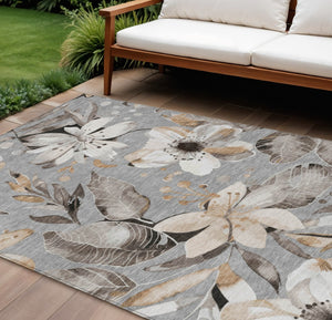 HomeRoots 10' Gray Ivory Charcoal Floral Washable Area Rug - Durable, Stylish, Indoor/Outdoor Perfect for Any Space 640839
