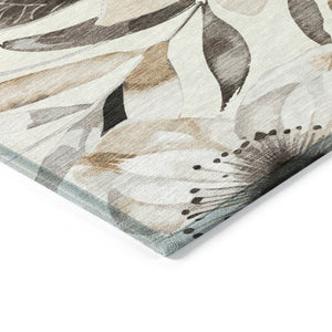 HomeRoots 5' Floral Washable Area Rug in Ivory & Charcoal - Stylish, Durable for Indoor & Outdoor Use! 640841