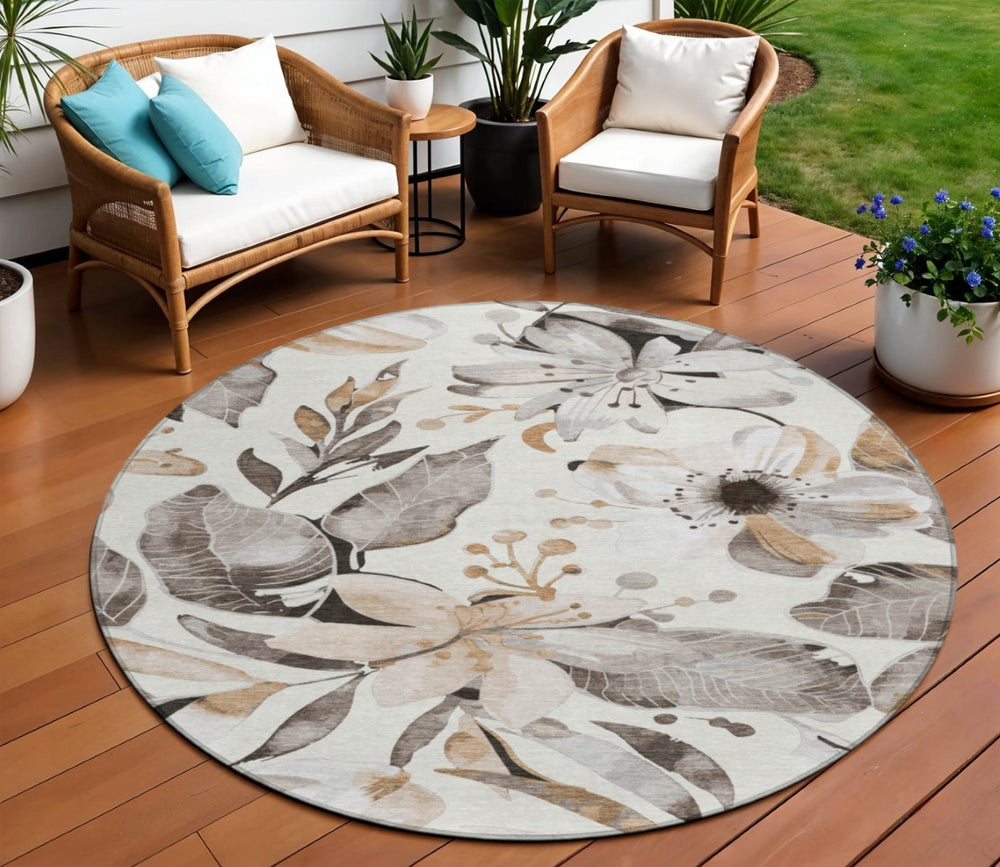 HomeRoots 8' Stunning Round Floral Area Rug - Ivory, Charcoal & Wheat - Washable, Durable for Indoor/Outdoor Use 640842
