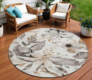 HomeRoots 8' Stunning Round Floral Area Rug - Ivory, Charcoal & Wheat - Washable, Durable for Indoor/Outdoor Use 640842