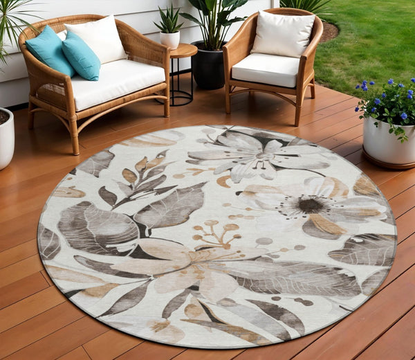 HomeRoots 8' Stunning Round Floral Area Rug - Ivory, Charcoal & Wheat - Washable, Durable for Indoor/Outdoor Use 640842