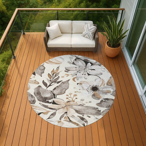 HomeRoots 8' Stunning Round Floral Area Rug - Ivory, Charcoal & Wheat - Washable, Durable for Indoor/Outdoor Use 640842