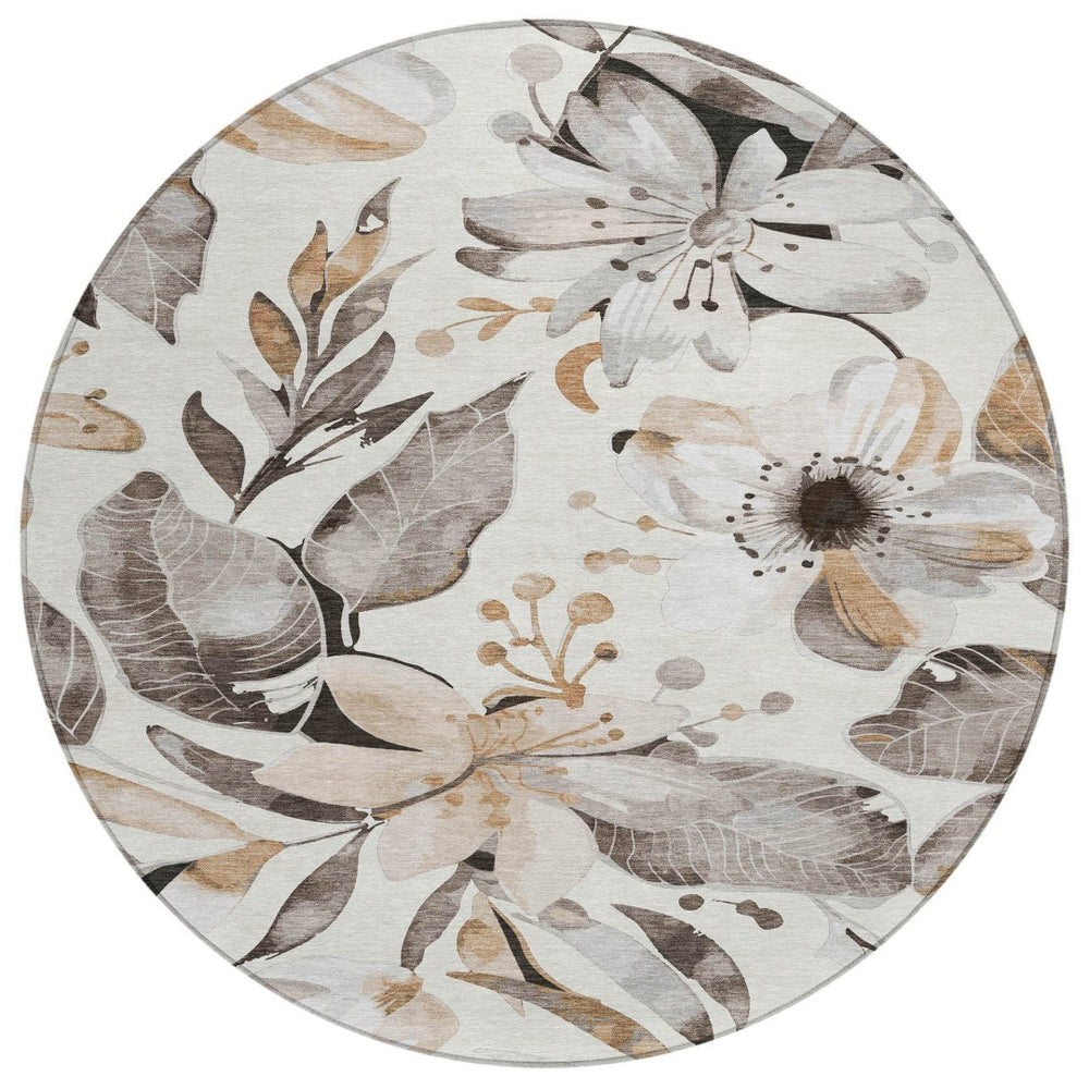 HomeRoots 8' Stunning Round Floral Area Rug - Ivory, Charcoal & Wheat - Washable, Durable for Indoor/Outdoor Use 640842