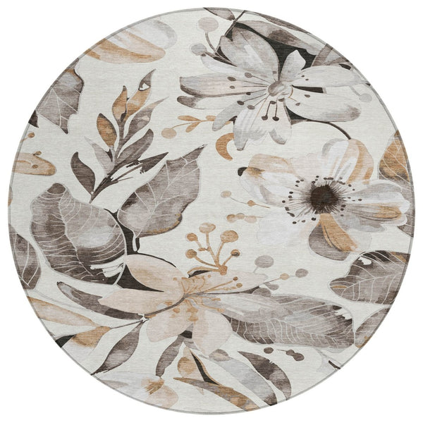 HomeRoots 8' Stunning Round Floral Area Rug - Ivory, Charcoal & Wheat - Washable, Durable for Indoor/Outdoor Use 640842