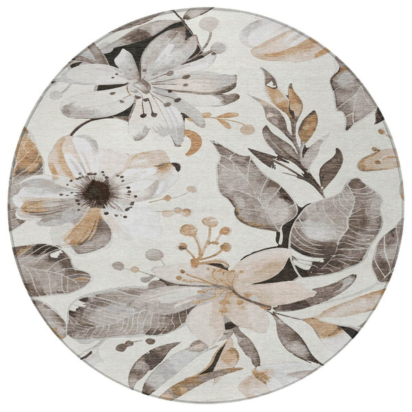 HomeRoots 8' Stunning Round Floral Area Rug - Ivory, Charcoal & Wheat - Washable, Durable for Indoor/Outdoor Use 640842