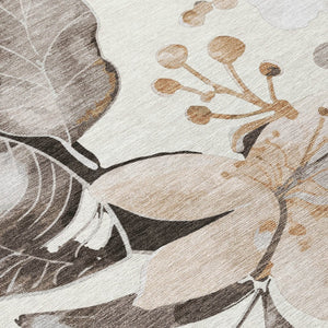 HomeRoots 8' Stunning Round Floral Area Rug - Ivory, Charcoal & Wheat - Washable, Durable for Indoor/Outdoor Use 640842