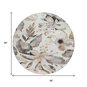 HomeRoots 8' Stunning Round Floral Area Rug - Ivory, Charcoal & Wheat - Washable, Durable for Indoor/Outdoor Use 640842