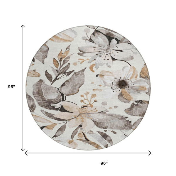 HomeRoots 8' Stunning Round Floral Area Rug - Ivory, Charcoal & Wheat - Washable, Durable for Indoor/Outdoor Use 640842