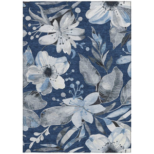 HomeRoots 5' Navy Blue Ivory Charcoal Floral Washable Area Rug – Durable Indoor Outdoor Design, Easy Care! 640847