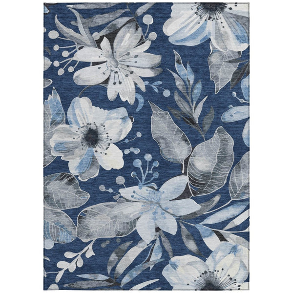 HomeRoots 5' Navy Blue Ivory Charcoal Floral Washable Area Rug – Durable Indoor Outdoor Design, Easy Care! 640847