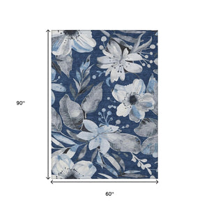 HomeRoots 5' Navy Blue Ivory Charcoal Floral Washable Area Rug – Durable Indoor Outdoor Design, Easy Care! 640847