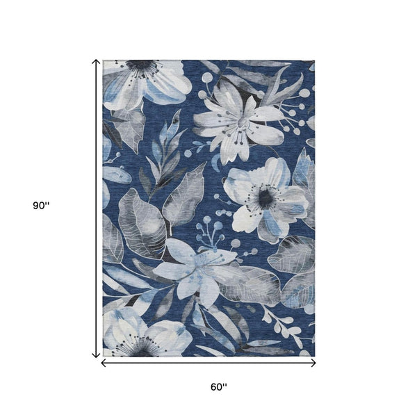 HomeRoots 5' Navy Blue Ivory Charcoal Floral Washable Area Rug – Durable Indoor Outdoor Design, Easy Care! 640847