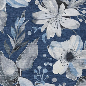 HomeRoots 5' Navy Blue Ivory Charcoal Floral Washable Area Rug – Durable Indoor Outdoor Design, Easy Care! 640847