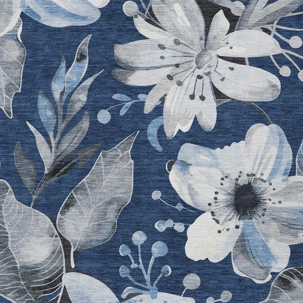 HomeRoots 5' Navy Blue Ivory Charcoal Floral Washable Area Rug – Durable Indoor Outdoor Design, Easy Care! 640847