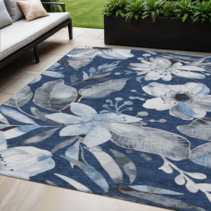 HomeRoots 5' Navy Blue Ivory Charcoal Floral Washable Area Rug – Durable Indoor Outdoor Design, Easy Care! 640847