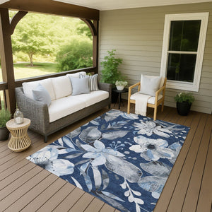 HomeRoots 5' Navy Blue Ivory Charcoal Floral Washable Area Rug – Durable Indoor Outdoor Design, Easy Care! 640847