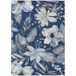 HomeRoots 5' Navy Blue Ivory Charcoal Floral Washable Area Rug – Durable Indoor Outdoor Design, Easy Care! 640847