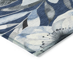 HomeRoots 5' Navy Blue Ivory Charcoal Floral Washable Area Rug – Durable Indoor Outdoor Design, Easy Care! 640847