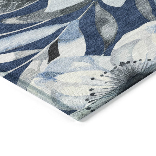 HomeRoots 5' Navy Blue Ivory Charcoal Floral Washable Area Rug – Durable Indoor Outdoor Design, Easy Care! 640847