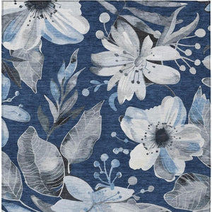 HomeRoots 5' Navy Blue Ivory Charcoal Floral Washable Area Rug – Durable Indoor Outdoor Design, Easy Care! 640847