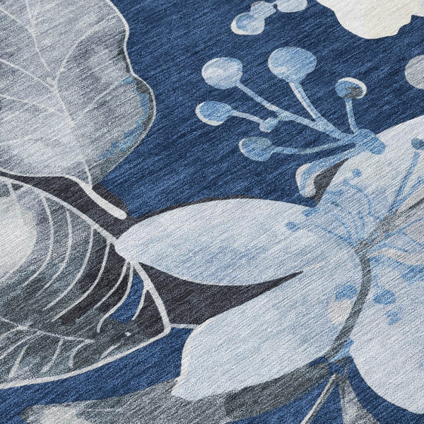 HomeRoots 5' Navy Blue Ivory Charcoal Floral Washable Area Rug – Durable Indoor Outdoor Design, Easy Care! 640847