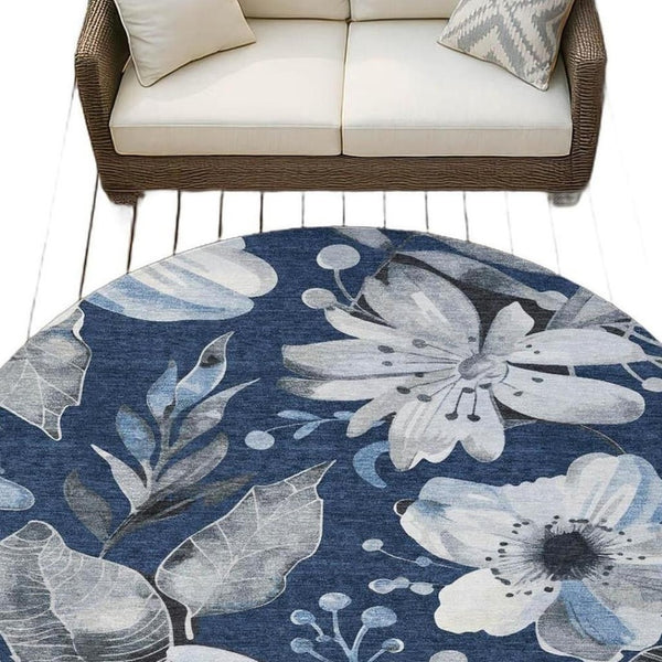 HomeRoots 8' Navy Blue Floral Indoor Outdoor Area Rug - Washable, Durable, Stylish Accent for High-Traffic Spaces 640848