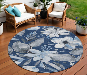 HomeRoots 8' Navy Blue Floral Indoor Outdoor Area Rug - Washable, Durable, Stylish Accent for High-Traffic Spaces 640848