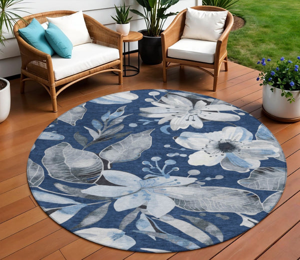 HomeRoots 8' Navy Blue Floral Indoor Outdoor Area Rug - Washable, Durable, Stylish Accent for High-Traffic Spaces 640848